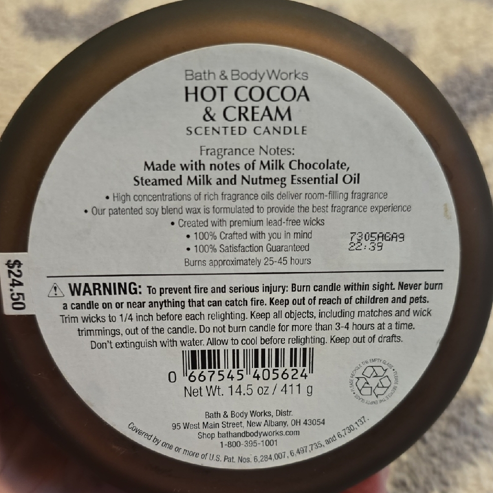 Bath & Body Works Hot Cocoa & Cream 3 Wick Candle- New - Picture 4 of 4